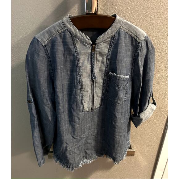Trina Turk Indigo Kaiko Denim Lyocell/ Linen Blend Blouse Sz M - Picture 2 of 9